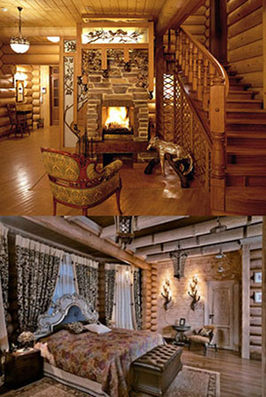 Interior intr-o casa din lemn din busteni rotunzi
