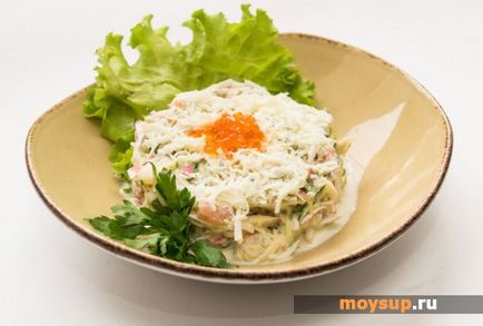Puff recept saláta garnélarák, rák rudak és sajt lépésről lépésre képek (fotók) Puff recept saláta garnélarák, rák rudak és sajt lépésről lépésre fotók