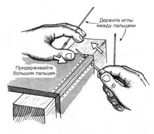 Cusătură a două segmente de piele la un unghi