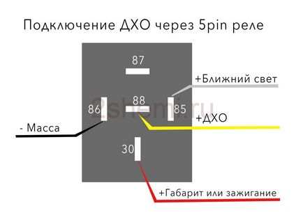 Schema de conectare a dho (drl) prin intermediul unui releu de contact în auto, 2 circuite