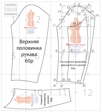 Modelul unui manșon dublu așezat pentru o rochie de 60 de dimensiuni