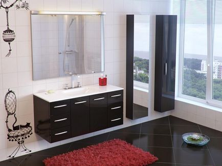 Szerelt tükör és sarok szekrények a fürdőszobában, a mosogató és beépített változatok