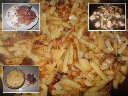 Cartofi prăjiți cu carne și șuncă - o rețetă de gătit cu o fotografie, bucătărie