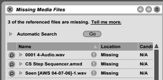 Căutarea live Ableton pentru fișierele lipsă