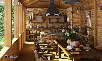 Bucătărie de vară în case din lemn, design și decorare