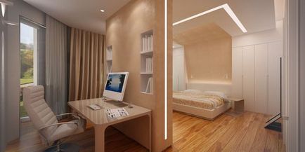 Dormitor cu zonă de zonare, design, fotografie