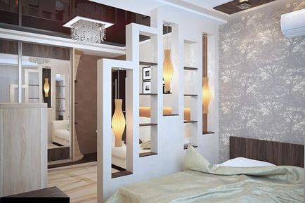 Dormitor cu zonă de zonare, design, fotografie