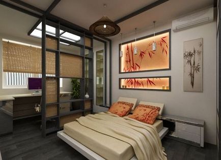 Спальня з перегородкою зонування, дизайн, фото