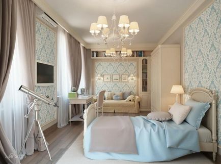 Interiorul frumos al dormitorului, în culori deschise, cu mobilier ușor