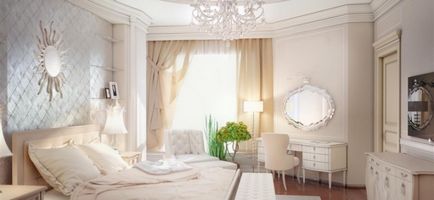Gyönyörű hálószoba belső világos színekkel és világos fából készült bútorokkal