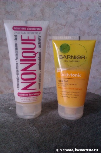 A szerves gél nonique lélek és egy új testradír Garnier bodytonic értékelés (tömegpiaci) A szerves tusfürdő nonique és az új Scrub Garnier bodytonic szerv véleménye