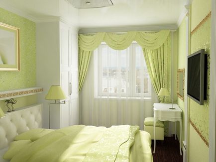 Dormitorul în decorațiunile înguste mici și interioare ale lui Hrușciov, reparația tavanului, cum să decorezi