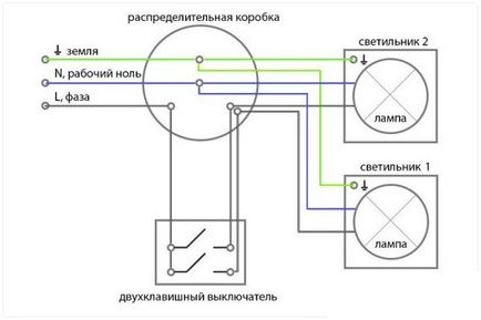 Schemă de conectare a unui comutator cu două comutatoare la două becuri