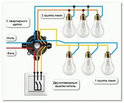 Schemă de conectare a unui comutator cu două comutatoare la două becuri