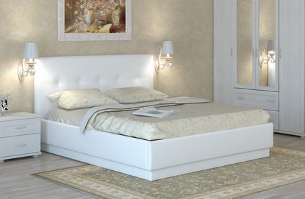 Paturi din piele în interiorul dormitorului, design frumos cu pietre și alte inserții, spătarul de spatar
