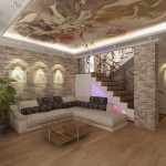 Interiorul frumos al camerei de zi de moda design de o camera de tineret de 40 de metri patrati M cu un zid