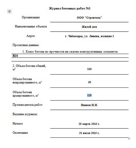 Приклад заповнення журналу бетонних робіт зразок заповнення-скачати зразок