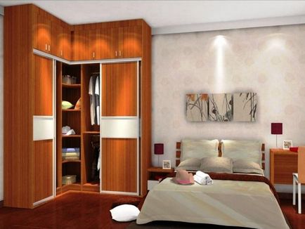 Dulapuri de colț în compartimentul din camera de dormit în catalog, în interiorul unei dimensiuni mici, umplere, eșantion de design