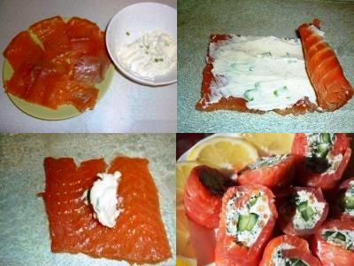 Roluri de pește roșu cu brânză și castraveți