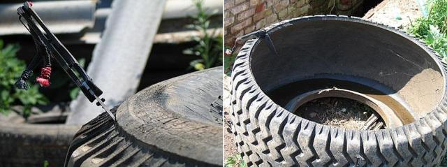Poteci de grădină realizate cu pneuri de mâini, fotografie