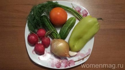 Könnyű saláta, retek, uborka, paradicsom és paprika