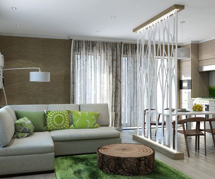 Etchikol în interiorul apartamentului cu un design foto al camerei de zi, dormitor și bucătărie într-un stil ecologic modern