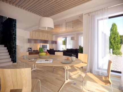 Etchikol în interiorul apartamentului cu un design foto al camerei de zi, dormitor și bucătărie într-un stil ecologic modern