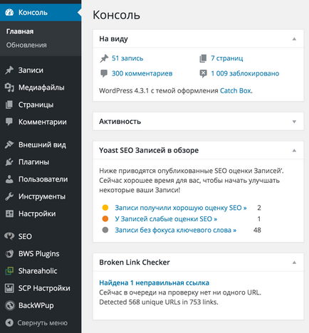 Основна консоль wordpress