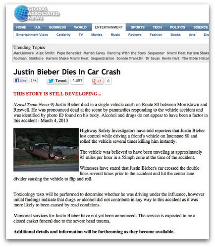 Un bastar Justin a murit într-un accident de mașină acolo, dar acest lucru nu împiedică utilizatorii Facebook