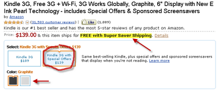Cum de a cumpăra bunuri pe Amazon, de exemplu, Kindle 3g cu publicitate pentru $ 139 - pagina de test