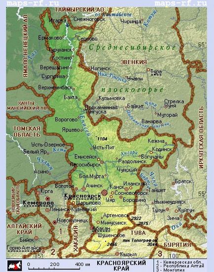 Harta Teritoriului Krasnoyarsk este detaliată cu așezările