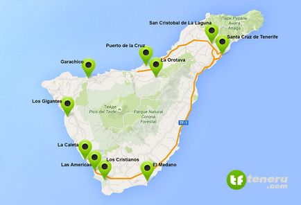 Orașe din Tenerife pe hartă, stațiunile din Tenerife