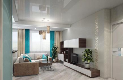 Cameră de zi în culori turcoaz în interior și fotografie, accente gri-brun de culoare bej, design cu