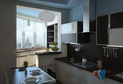 Combinația dintre designul de bucătărie și loggia și interiorul spațiului combinat