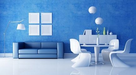 O panoramă a camerelor cu tapet albastru, o fotografie a unui interior de cameră de zi, o bucătărie, un dormitor și o pepinieră cu tapet în