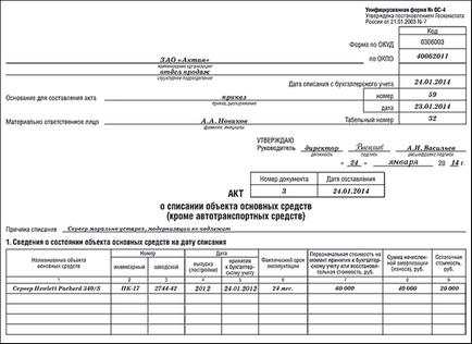 Acțiune de retragere a activelor fixe - completarea eșantionului, formularul de descărcare