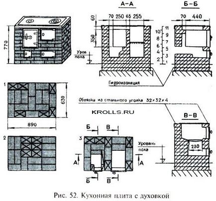 Dispozitivul unui sobă de bucătărie din cărămidă cu un cuptor