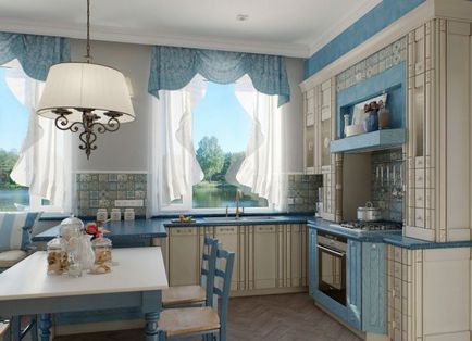 Perdele albastre în interiorul bucătăriei, camera de zi, dormitor