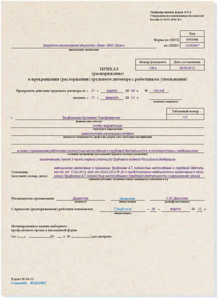 Cum se concediază angajatul din motive de sănătate, articol de compensare, înregistrare