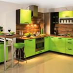 O combinație de verde în bucătărie, cu aspect de culoare