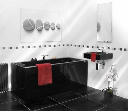 Fekete-fehér fürdőszoba kialakítási lehetőségeit elhelyezése fekete-fehér csempe (23 fotó)