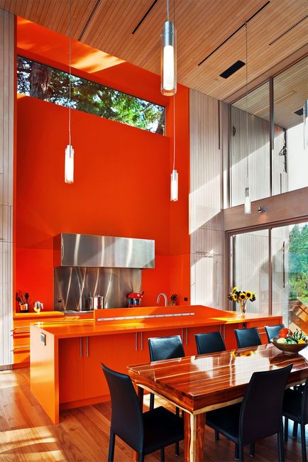 Imagine de bucătărie portocalie a celor mai bune interioare și combinații în design