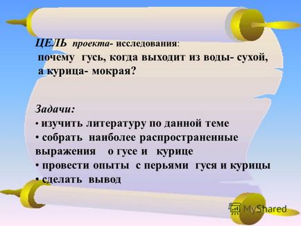 Prezentarea pe tema proiectului - o investigație pe această temă - cum ar fi apa de la un gusher, dar - un pui umed pregătit -