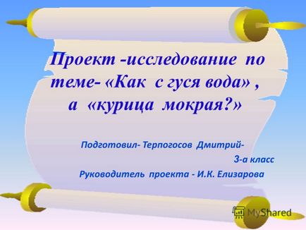 Prezentarea pe tema proiectului - o investigație pe această temă - cum ar fi apa de la un gusher, dar - un pui umed pregătit -