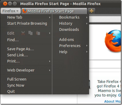 Як повернути кнопку меню firefox за замовчуванням ubuntu 11 04