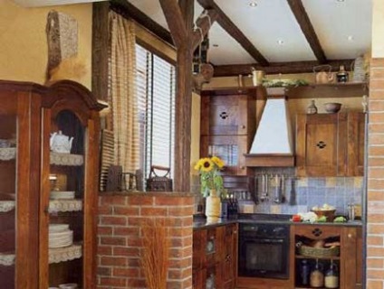 Bucătărie în stil cabana - caracteristici ale tavanului, pereților, podelei și mobilierului