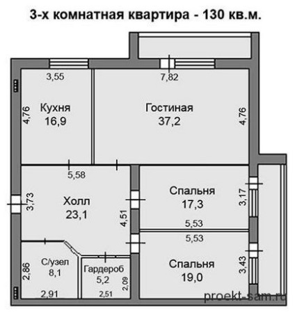 Планування трикімнатної квартири з розмірами і схемами розташування кімнат