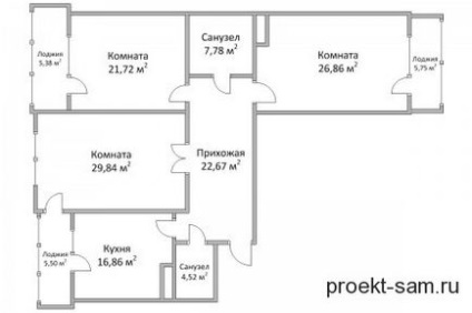 Планування трикімнатної квартири з розмірами і схемами розташування кімнат