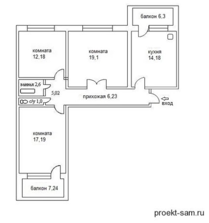 Amenajarea unui apartament de trei camere cu dimensiunea și aspectul camerelor