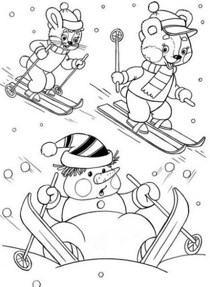 Розмальовки для дітей на тему зима лижі, ковзани, санки